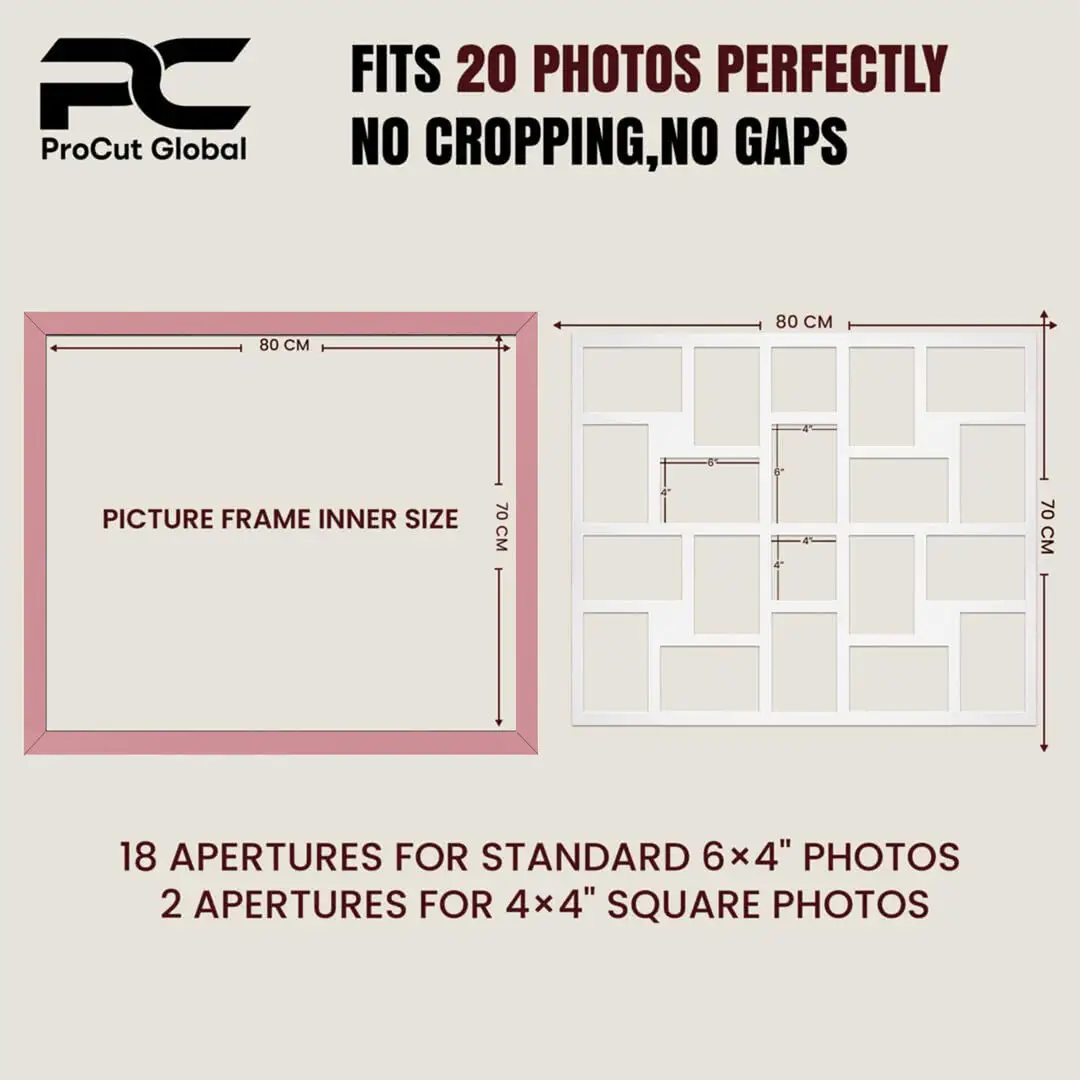 80x70cm Pastel Pink Modern Multi Aperture Photo Frame Holds 6x4" (x18) & 4x4" (x2) Photos With Ice White Mount | Modern Collage Frame thumbnail 3