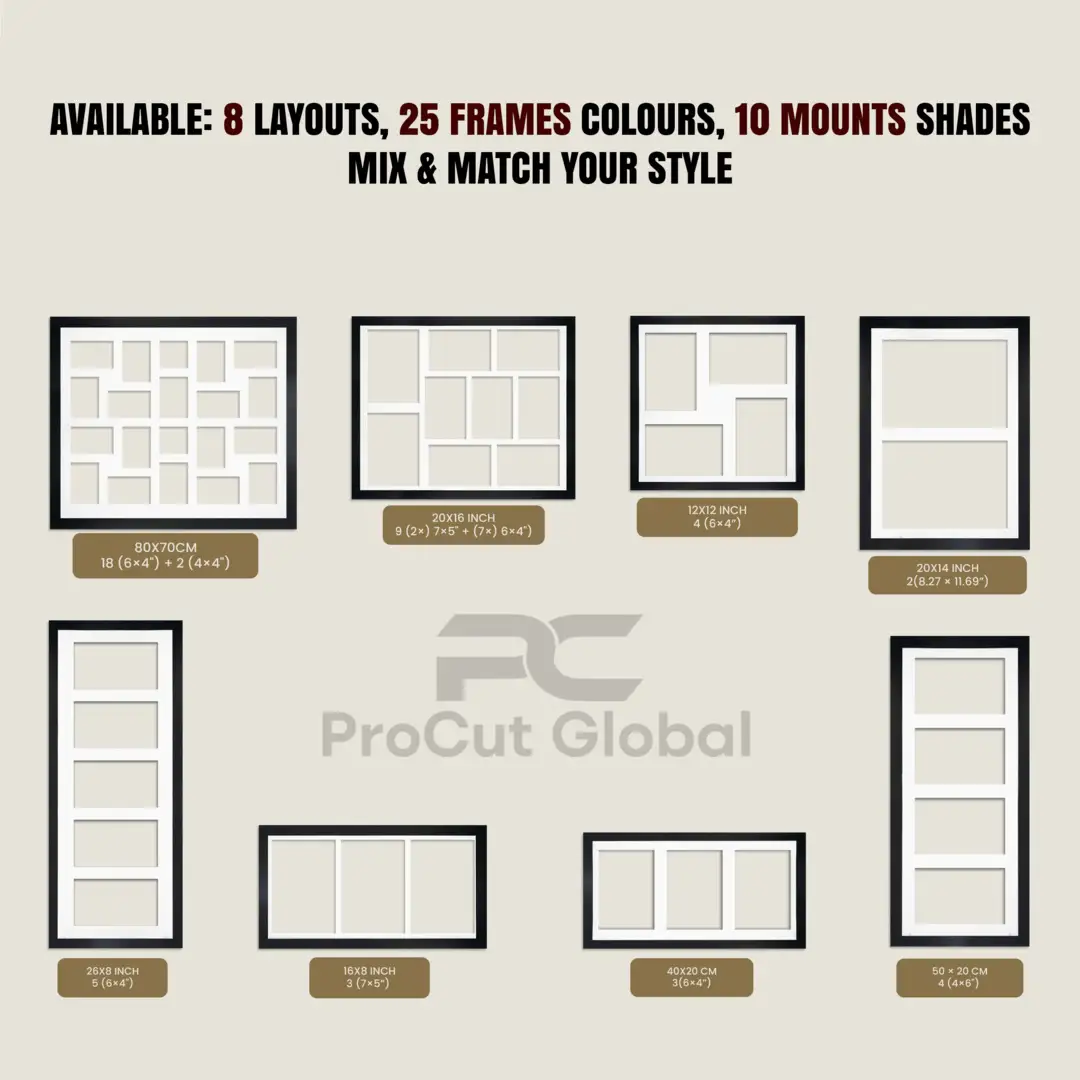 80x70cm Gold Modern Multi Aperture Photo Frame Holds 6x4" (x18) & 4x4" (x2) Photos With Black Mount | Modern Collage Frame thumbnail 8