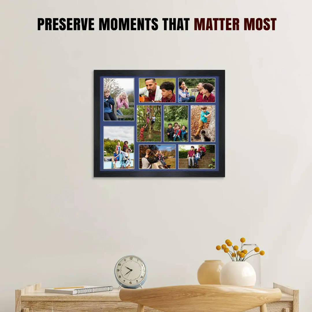20x16" Black Modern Multi Aperture Photo Frame Holds 7x5" (x2) & 6x4" (x7) Photos With Blue Mount | Modern Collage Frame thumbnail 2