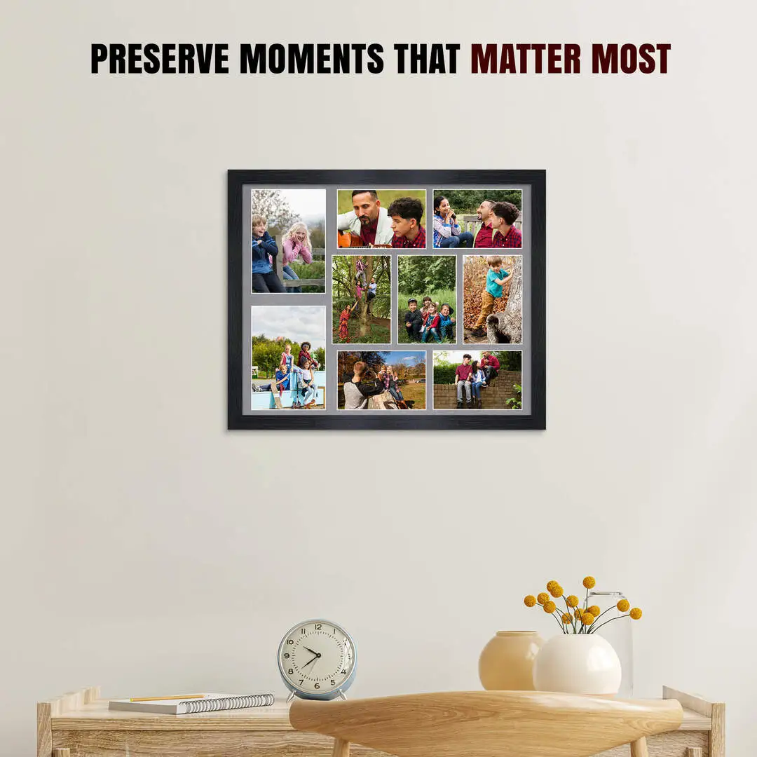 20x16" Black Modern Multi Aperture Photo Frame Holds 7x5" (x2) & 6x4" (x7) Photos With Mid Grey Mount | Modern Collage Frame thumbnail 2