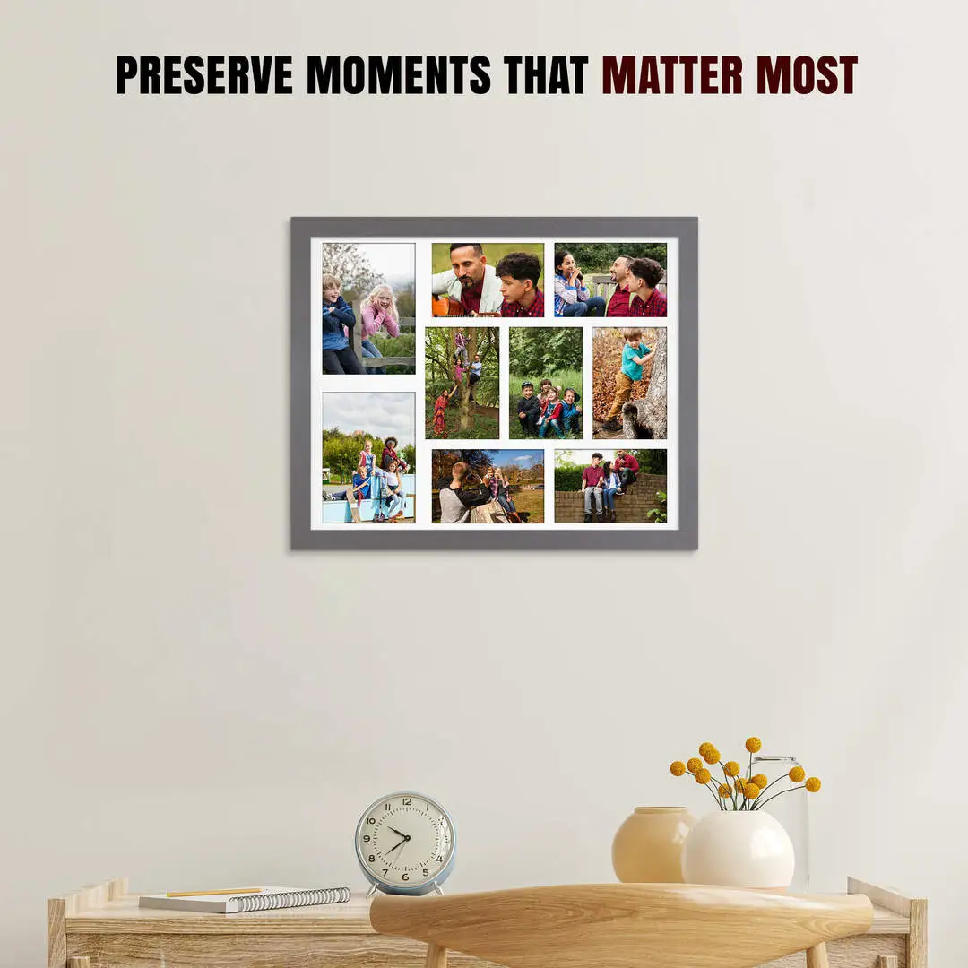 20x16" Dark Grey Modern Multi Aperture Photo Frame Holds 7x5" (x2) & 6x4" (x7) Photos With Ice White Mount | Modern Collage Frame thumbnail 2