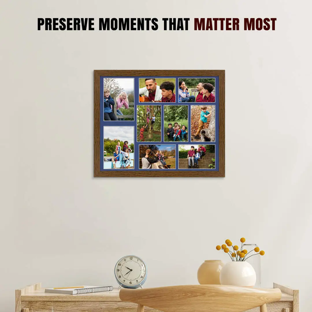 20x16" Dark Oak Modern Multi Aperture Photo Frame Holds 7x5" (x2) & 6x4" (x7) Photos With Blue Mount | Modern Collage Frame thumbnail 2