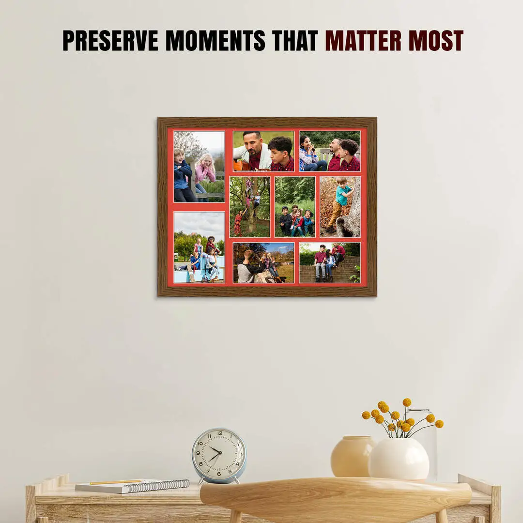 20x16" Dark Oak Modern Multi Aperture Photo Frame Holds 7x5" (x2) & 6x4" (x7) Photos With Poppy Red Mount | Modern Collage Frame thumbnail 2