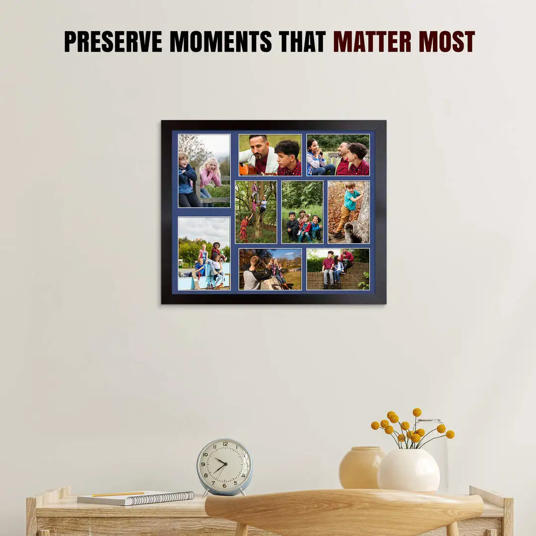 20x16" Matte Black Modern Multi Aperture Photo Frame Holds 7x5" (x2) & 6x4" (x7) Photos With Blue Mount | Modern Collage Frame thumbnail 2