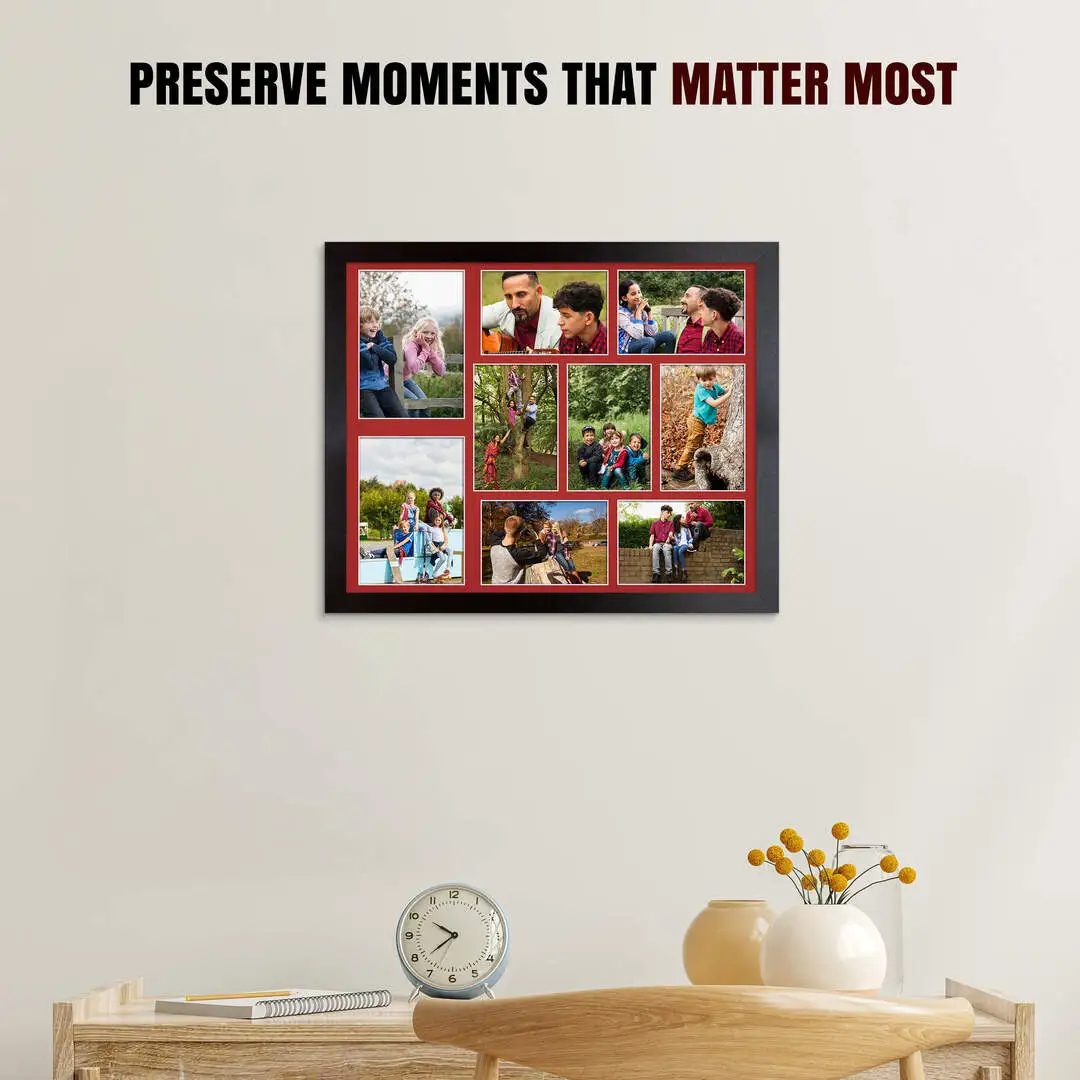 20x16" Matte Black Modern Multi Aperture Photo Frame Holds 7x5" (x2) & 6x4" (x7) Photos With Crimson Mount | Modern Collage Frame thumbnail 2