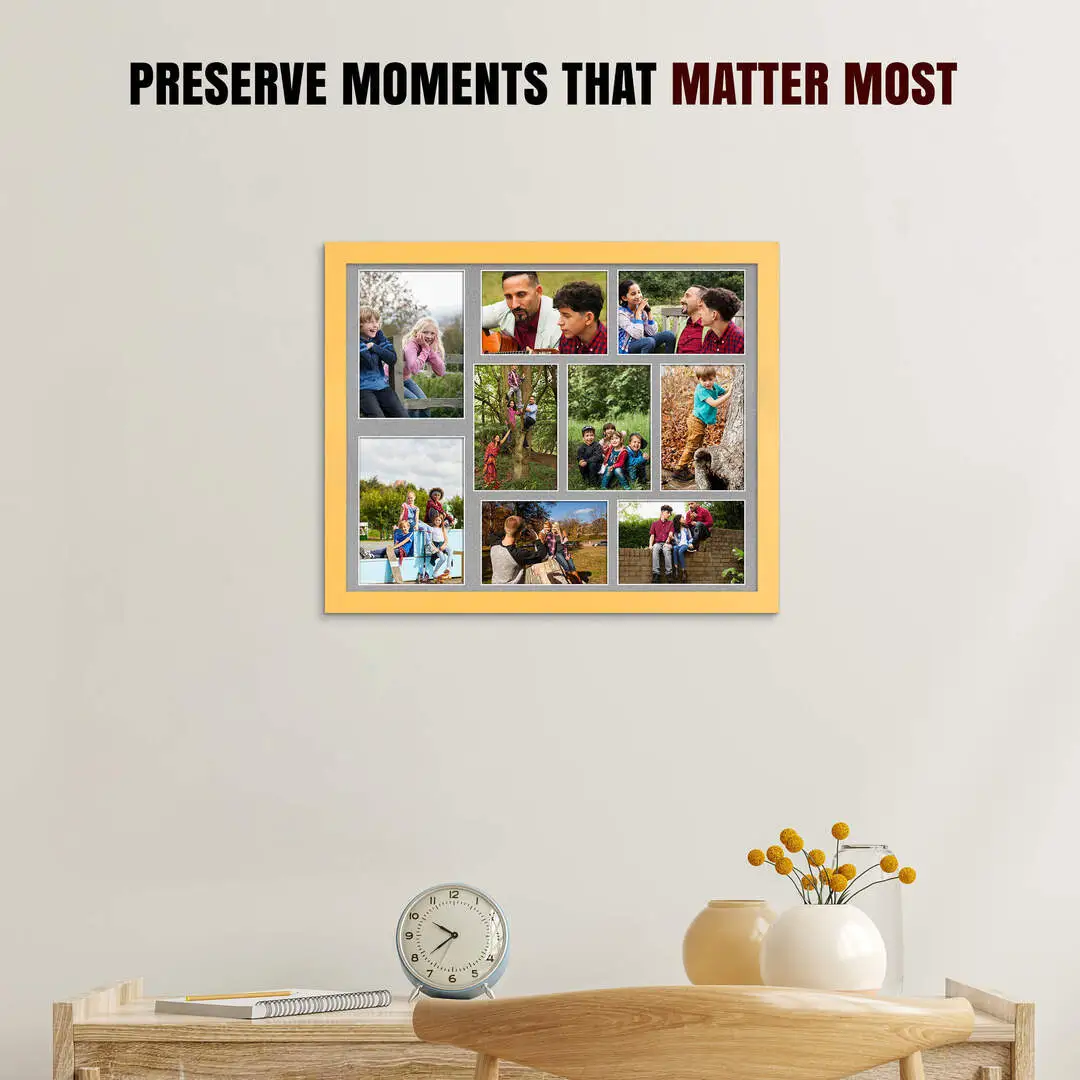 20x16" Mustard Yellow Modern Multi Aperture Photo Frame Holds 7x5" (x2) & 6x4" (x7) Photos With Silver Mount | Modern Collage Frame thumbnail 2