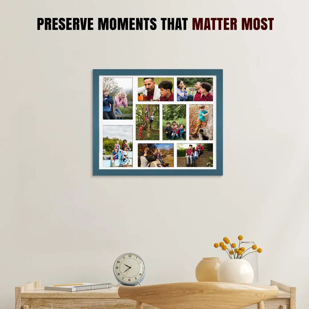 20x16" Navy Blue Modern Multi Aperture Photo Frame Holds 7x5" (x2) & 6x4" (x7) Photos With Ice White Mount | Modern Collage Frame thumbnail 2