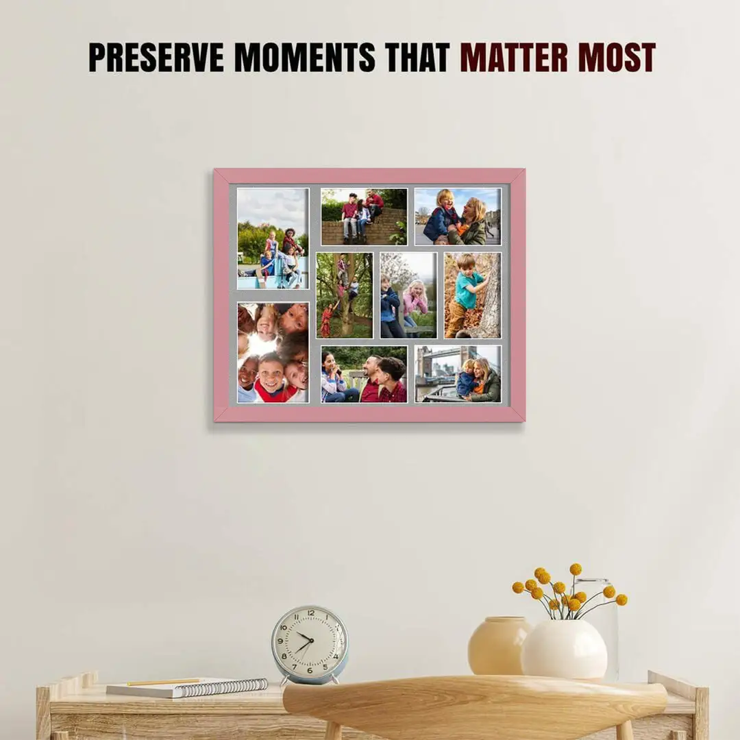 20x16" Pastel Pink Modern Multi Aperture Photo Frame Holds 7x5" (x2) & 6x4" (x7) Photos With Silver Mount | Modern Collage Frame thumbnail 2