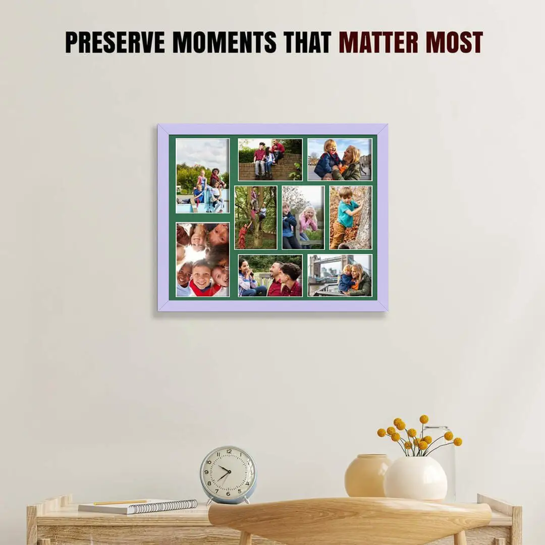 20x16" Purple Modern Multi Aperture Photo Frame Holds 7x5" (x2) & 6x4" (x7) Photos With Emerald (Green) Mount | Modern Collage Frame thumbnail 2