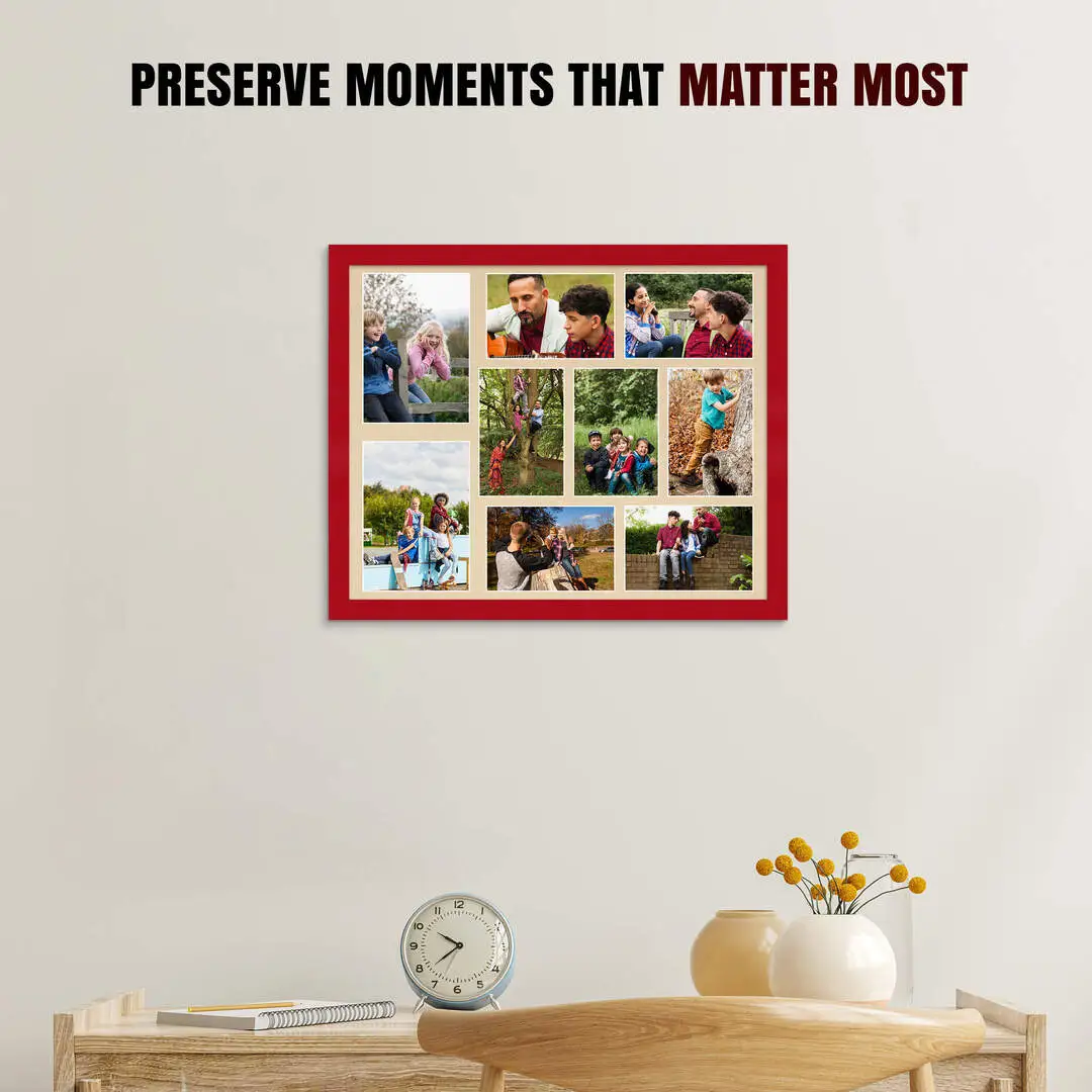 20x16" Red Modern Multi Aperture Photo Frame Holds 7x5" (x2) & 6x4" (x7) Photos With Ivory Mount | Modern Collage Frame thumbnail 2