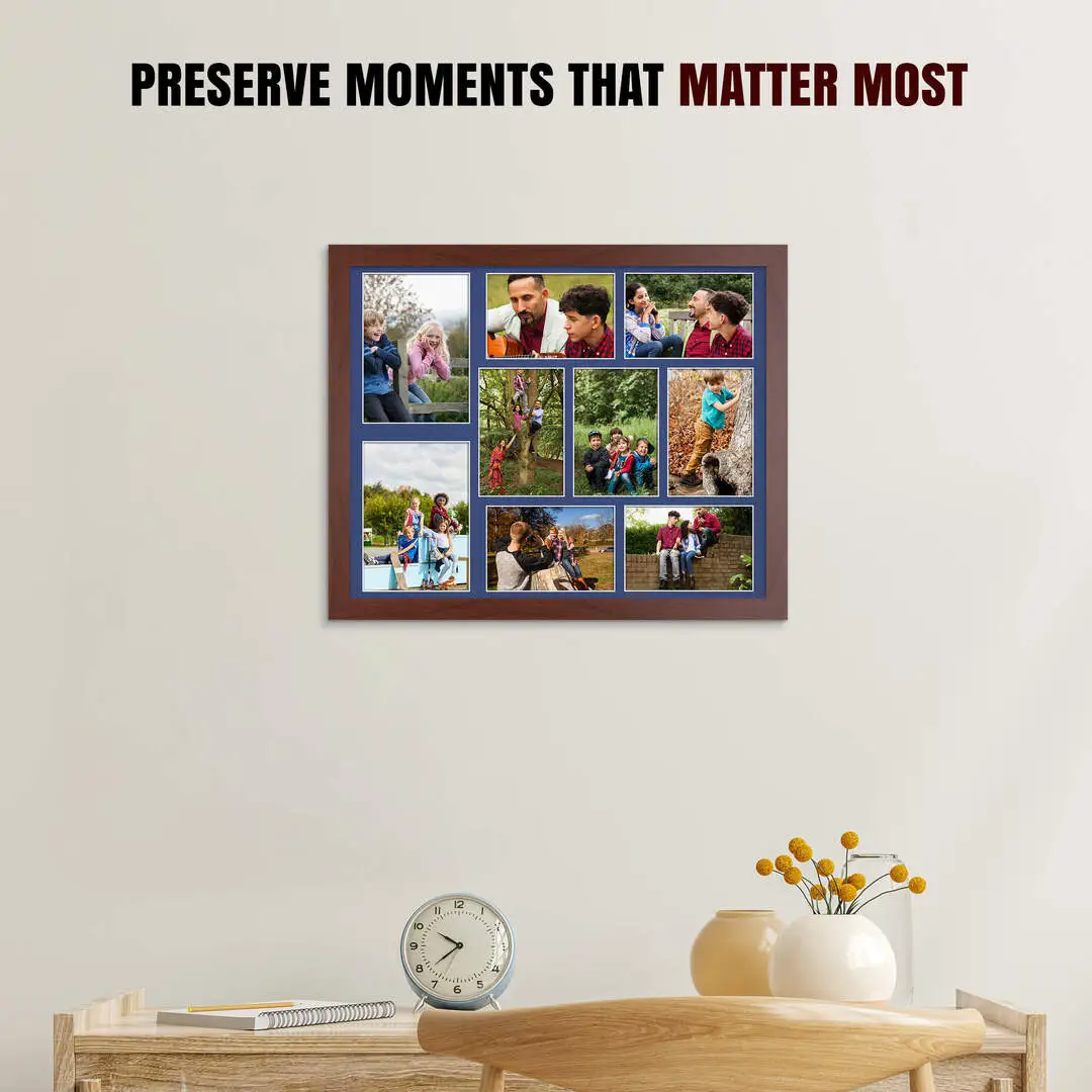 20x16" Rose Wood Modern Multi Aperture Photo Frame Holds 7x5" (x2) & 6x4" (x7) Photos With Blue Mount | Modern Collage Frame thumbnail 2