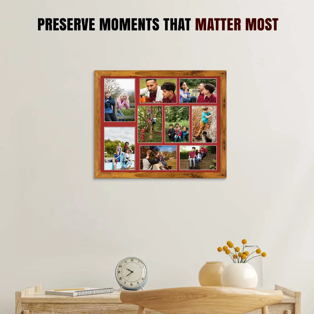 20x16" Rustic Oak Modern Multi Aperture Photo Frame Holds 7x5" (x2) & 6x4" (x7) Photos With Crimson Mount | Modern Collage Frame thumbnail 2