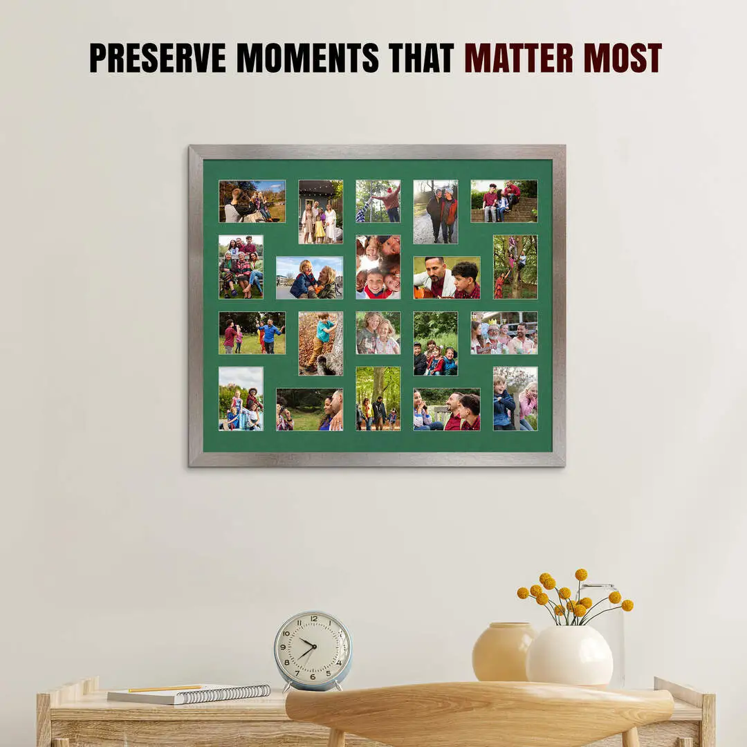 80x70cm Aluminium Modern Multi Aperture Photo Frame Holds 6x4" (x18) & 4x4" (x2) Photos With Emerald (Green) Mount | Modern Collage Frame thumbnail 2