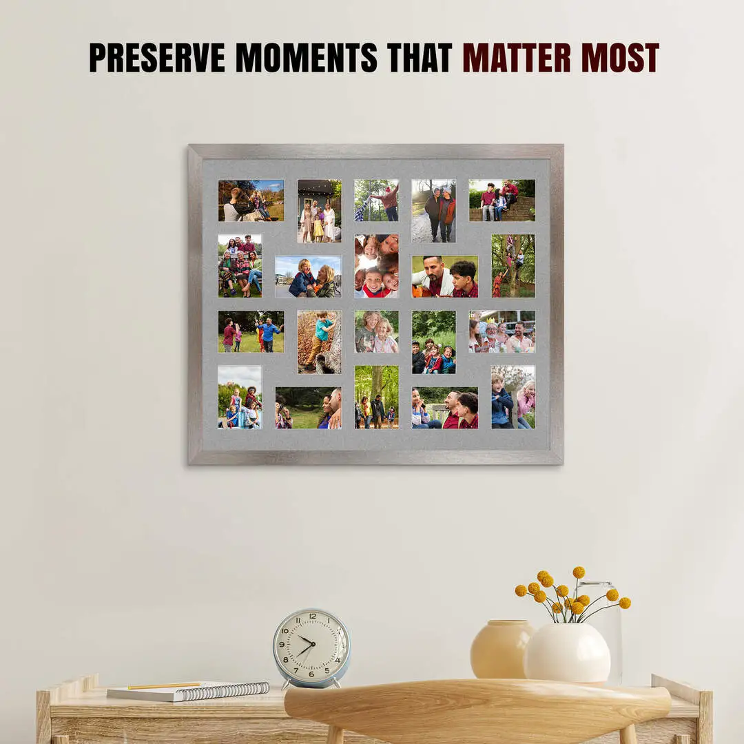 80x70cm Aluminium Modern Multi Aperture Photo Frame Holds 6x4" (x18) & 4x4" (x2) Photos With Silver Mount | Modern Collage Frame thumbnail 2