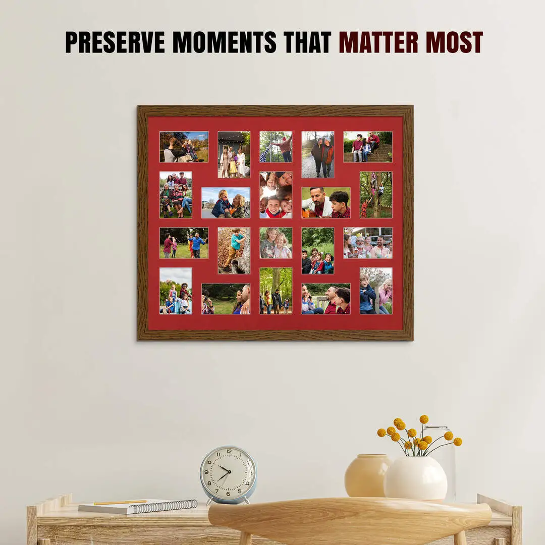 80x70cm Dark Oak Modern Multi Aperture Photo Frame Holds 6x4" (x18) & 4x4" (x2) Photos With Crimson Mount | Modern Collage Frame thumbnail 2