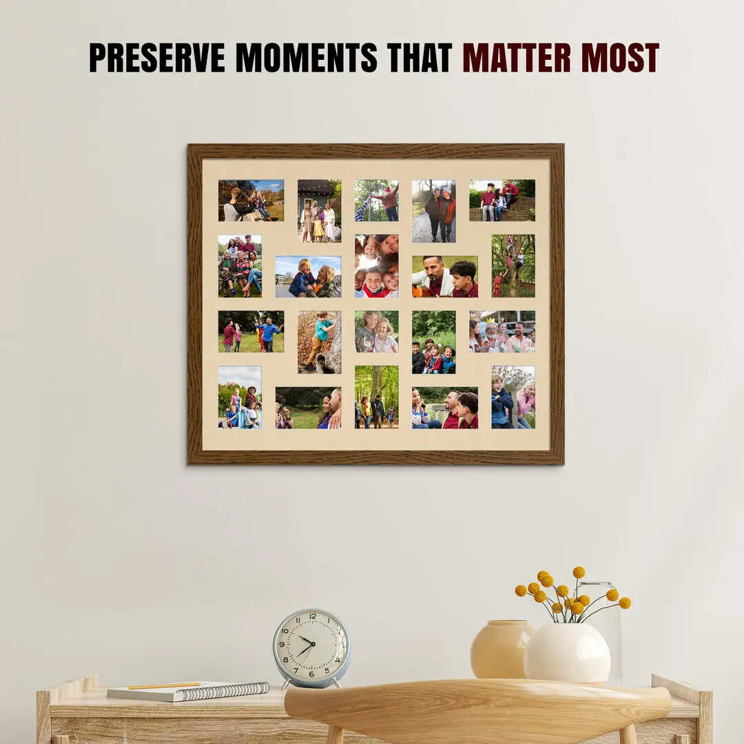 80x70cm Dark Oak Modern Multi Aperture Photo Frame Holds 6x4" (x18) & 4x4" (x2) Photos With Ivory Mount | Modern Collage Frame thumbnail 2