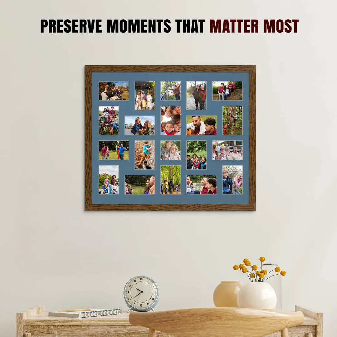 80x70cm Dark Oak Modern Multi Aperture Photo Frame Holds 6x4" (x18) & 4x4" (x2) Photos With Pompador Mount | Modern Collage Frame thumbnail 2