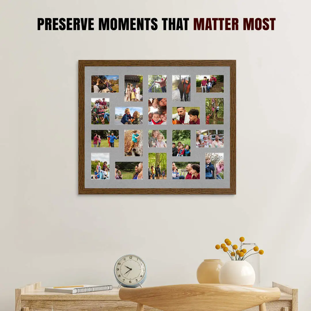 80x70cm Dark Oak Modern Multi Aperture Photo Frame Holds 6x4" (x18) & 4x4" (x2) Photos With Silver Mount | Modern Collage Frame thumbnail 2