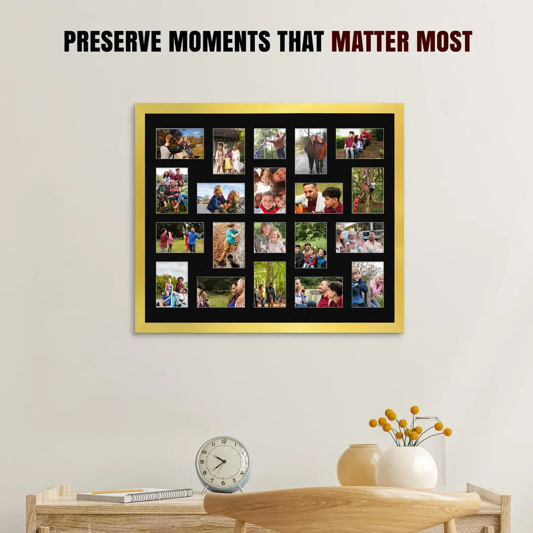 80x70cm Gold Modern Multi Aperture Photo Frame Holds 6x4" (x18) & 4x4" (x2) Photos With Black Mount | Modern Collage Frame thumbnail 2