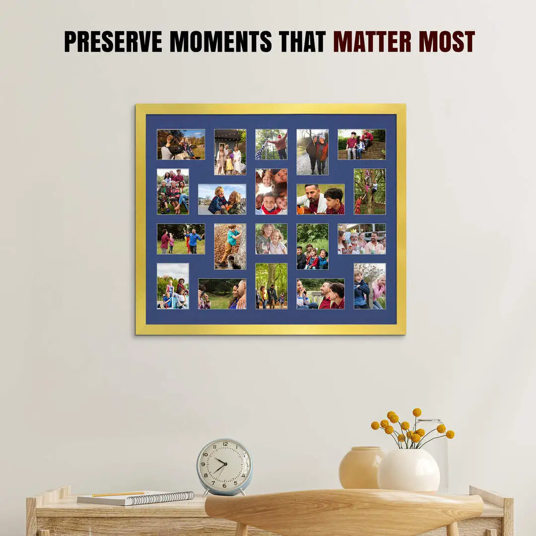 80x70cm Gold Modern Multi Aperture Photo Frame Holds 6x4" (x18) & 4x4" (x2) Photos With Blue Mount | Modern Collage Frame thumbnail 2