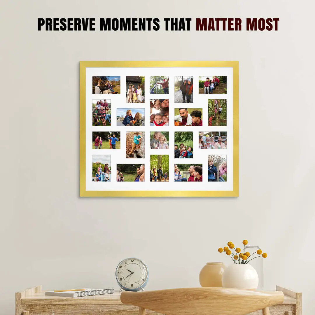 80x70cm Gold Modern Multi Aperture Photo Frame Holds 6x4" (x18) & 4x4" (x2) Photos With Ice White Mount | Modern Collage Frame thumbnail 2