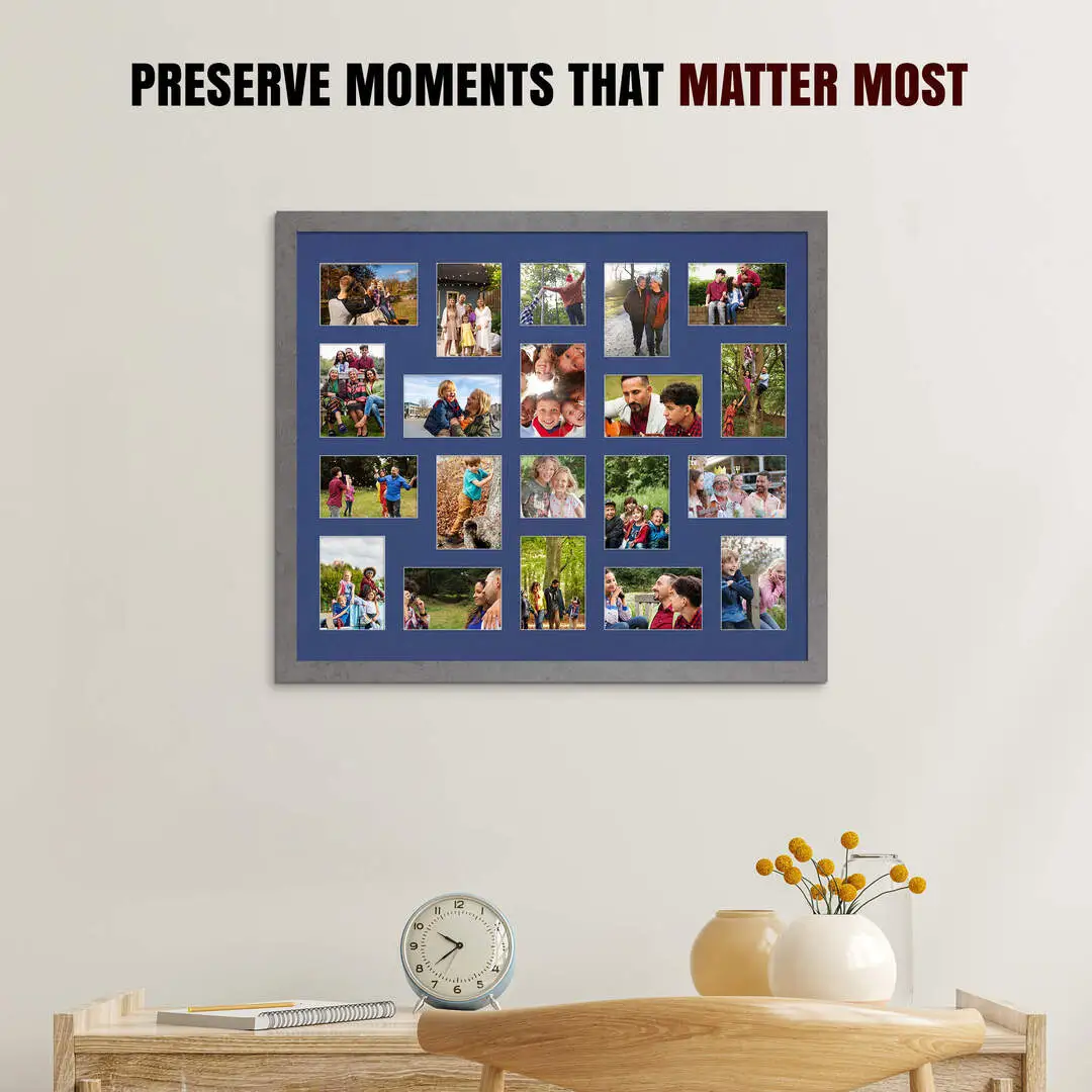 80x70cm Grey Marble Modern Multi Aperture Photo Frame Holds 6x4" (x18) & 4x4" (x2) Photos With Blue Mount | Modern Collage Frame thumbnail 2