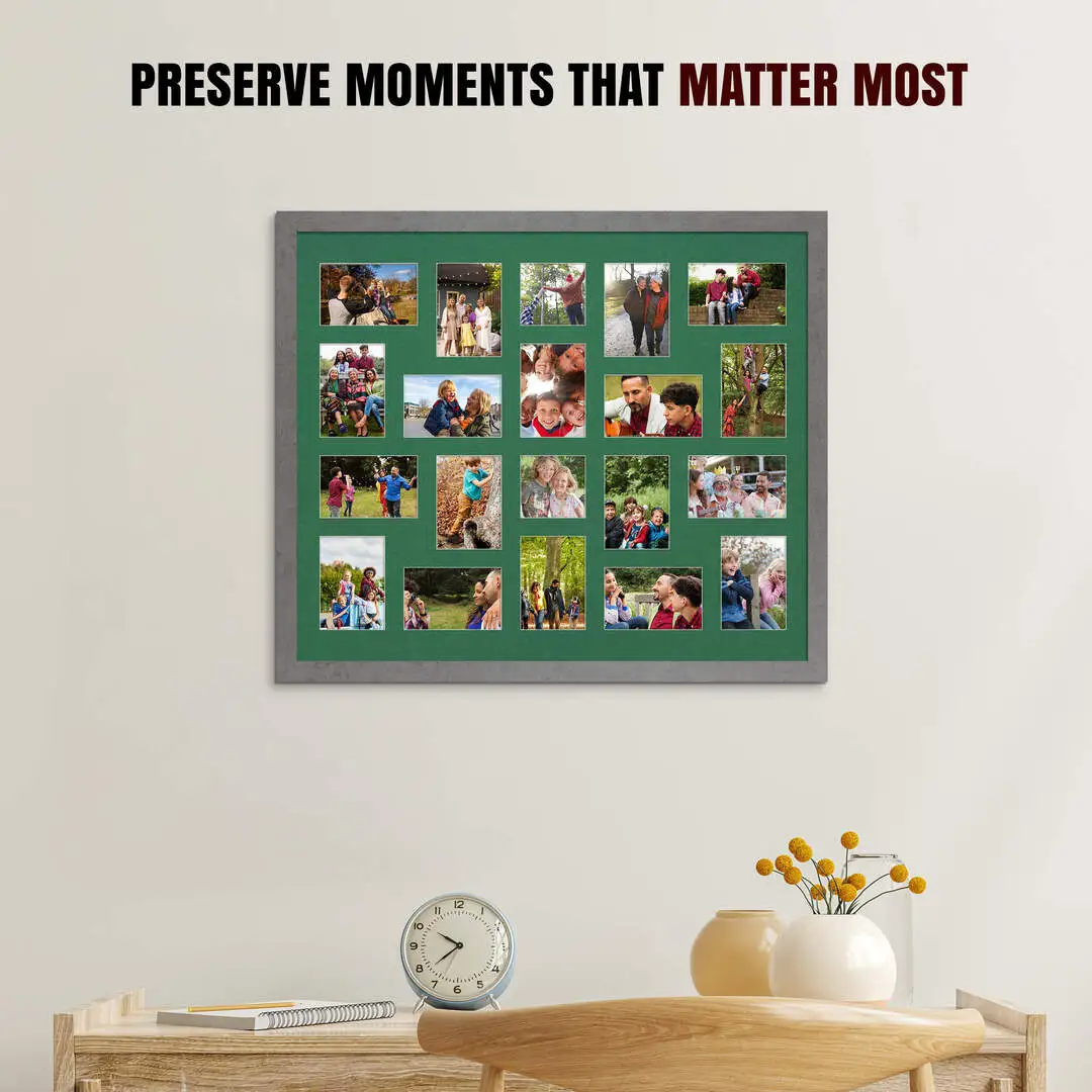 80x70cm Grey Marble Modern Multi Aperture Photo Frame Holds 6x4" (x18) & 4x4" (x2) Photos With Emerald (Green) Mount | Modern Collage Frame thumbnail 2