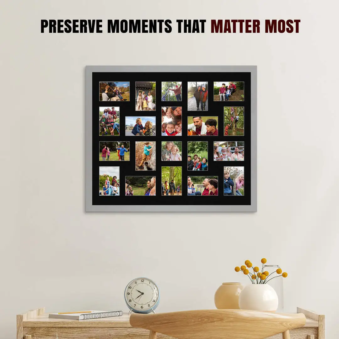 80x70cm Light Grey Modern Multi Aperture Photo Frame Holds 6x4" (x18) & 4x4" (x2) Photos With Black Mount | Modern Collage Frame thumbnail 2