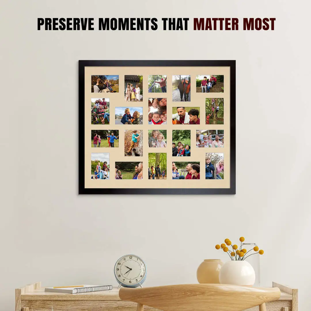 80x70cm Matte Black Modern Multi Aperture Photo Frame Holds 6x4" (x18) & 4x4" (x2) Photos With Ivory Mount | Modern Collage Frame thumbnail 2