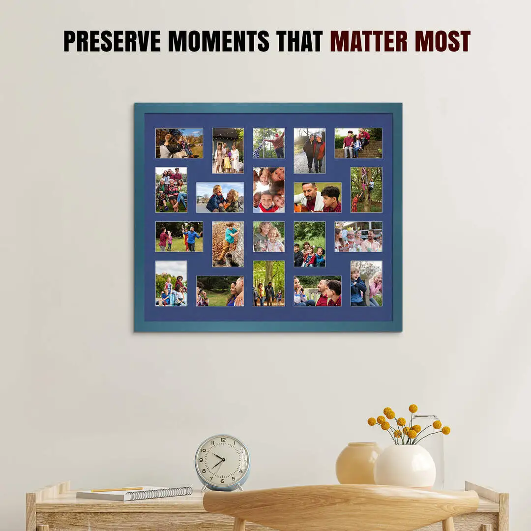 80x70cm Navy Blue Modern Multi Aperture Photo Frame Holds 6x4" (x18) & 4x4" (x2) Photos With Blue Mount | Modern Collage Frame thumbnail 2