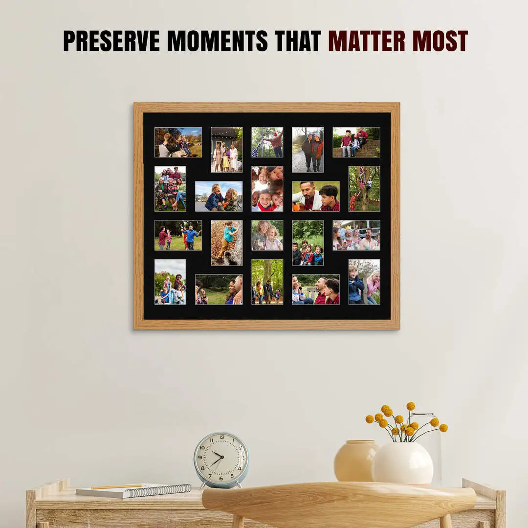 80x70cm Oak Modern Multi Aperture Photo Frame Holds 6x4" (x18) & 4x4" (x2) Photos With Black Mount | Modern Collage Frame thumbnail 2