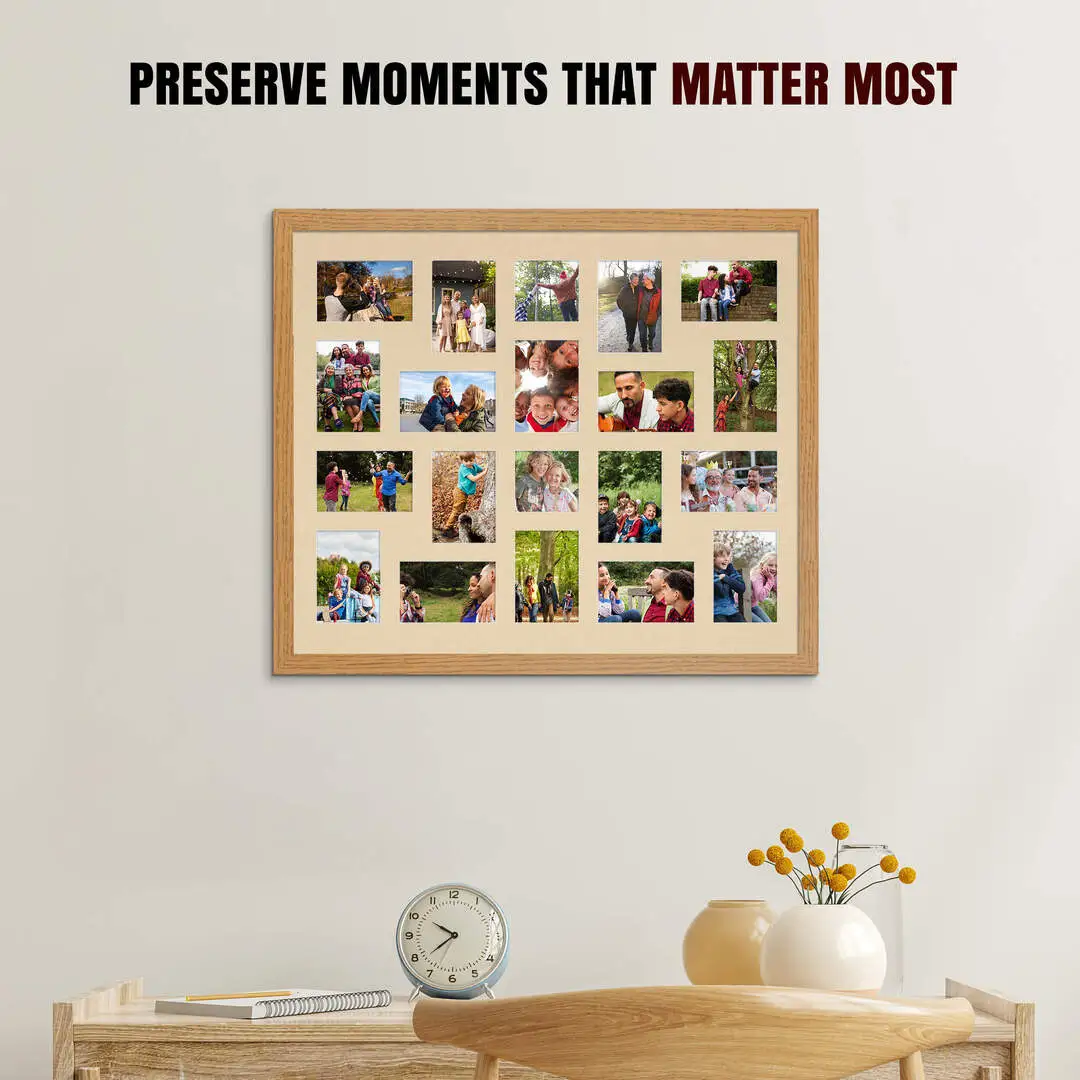 80x70cm Oak Modern Multi Aperture Photo Frame Holds 6x4" (x18) & 4x4" (x2) Photos With Ivory Mount | Modern Collage Frame thumbnail 2