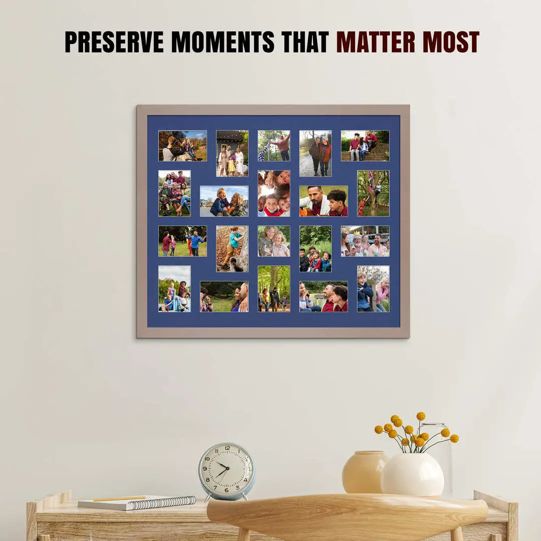80x70cm Modern Multi Aperture Photo Frame Holds 6x4" (x18) & 4x4" (x2) Photos With Blue Mount | Modern Collage Frame thumbnail 2
