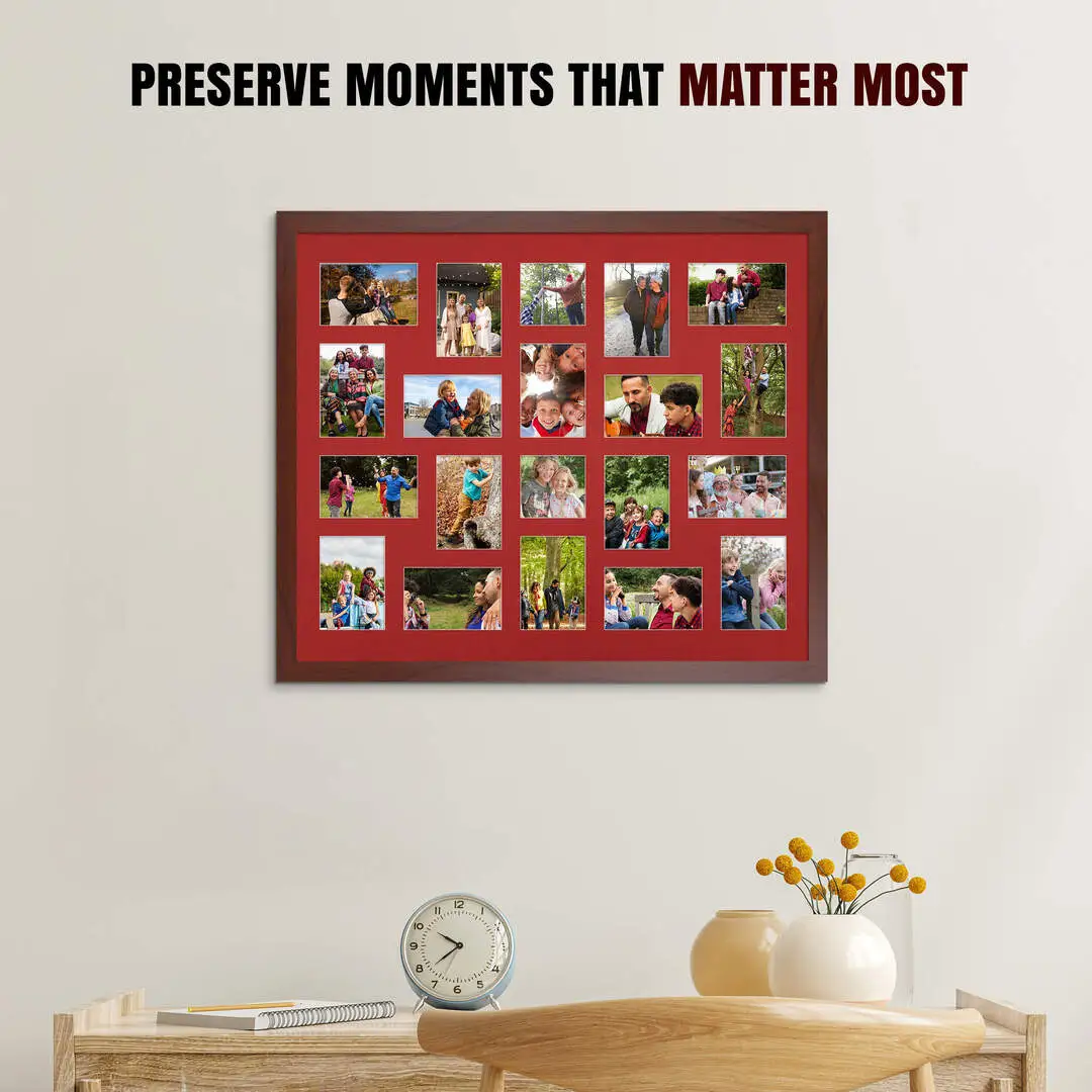 80x70cm Rose Wood Modern Multi Aperture Photo Frame Holds 6x4" (x18) & 4x4" (x2) Photos With Crimson Mount | Modern Collage Frame thumbnail 2