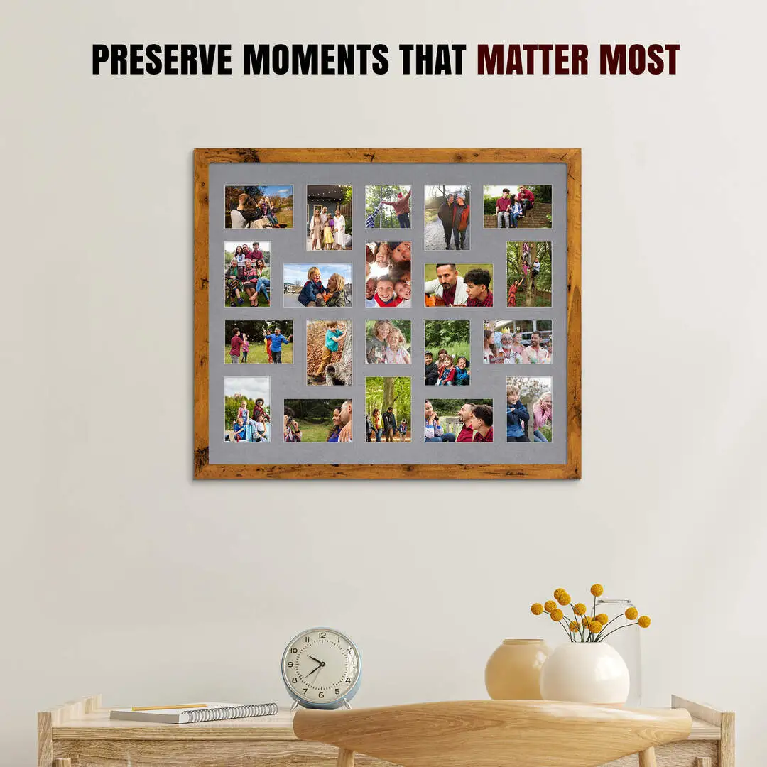 80x70cm Rustic Oak Modern Multi Aperture Photo Frame - Fits 6x4" (x18) & 4x4" (x2) Photos | Collage Frame thumbnail 2