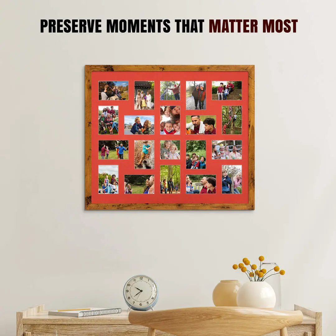 80x70cm Rustic Oak Modern Multi Aperture Photo Frame - Fits 6x4" (x18) & 4x4" (x2) Photos | Collage Frame thumbnail 2