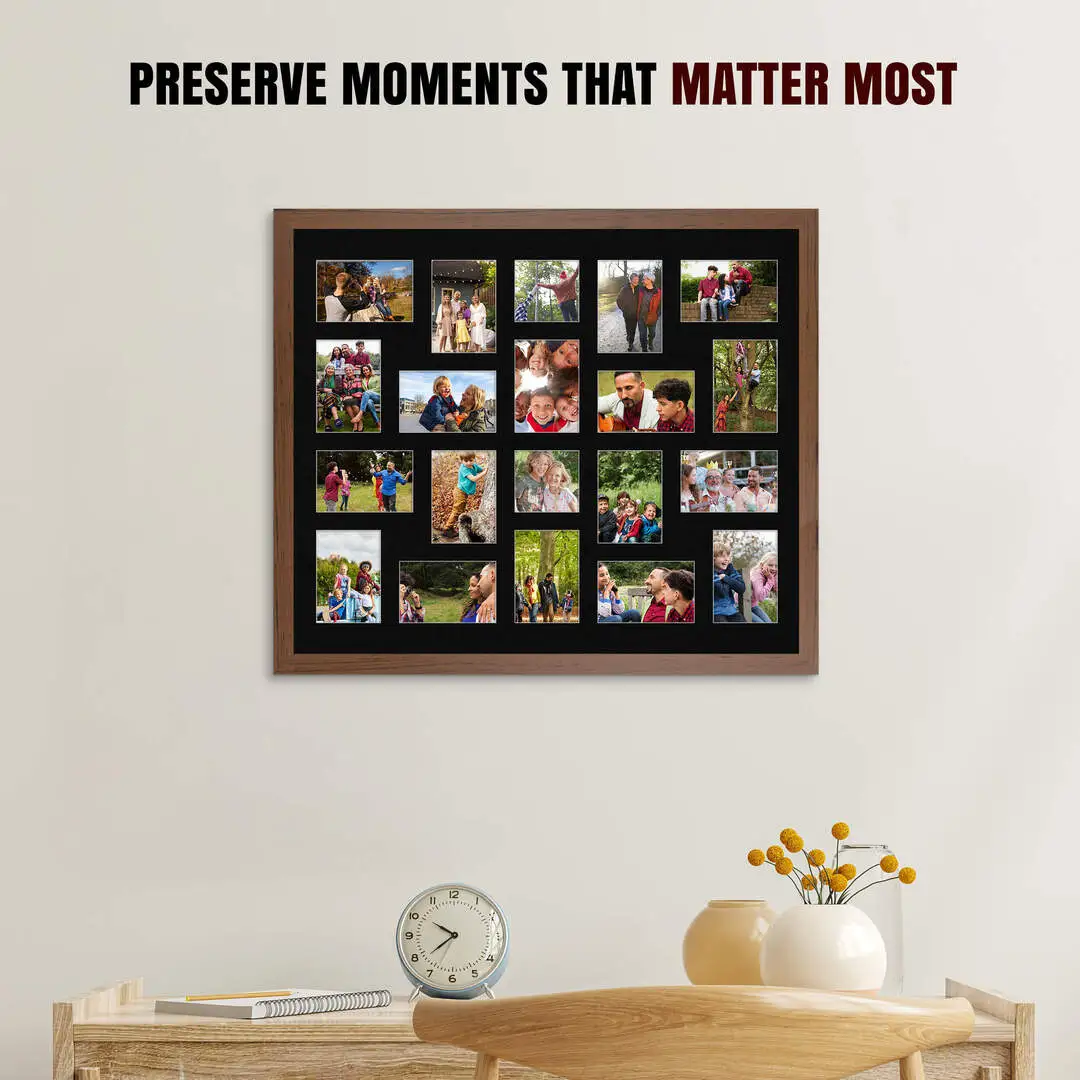 80x70cm Walnut Modern Multi Aperture Photo Frame Holds 6x4" (x18) & 4x4" (x2) Photos With Black Mount | Modern Collage Frame thumbnail 2