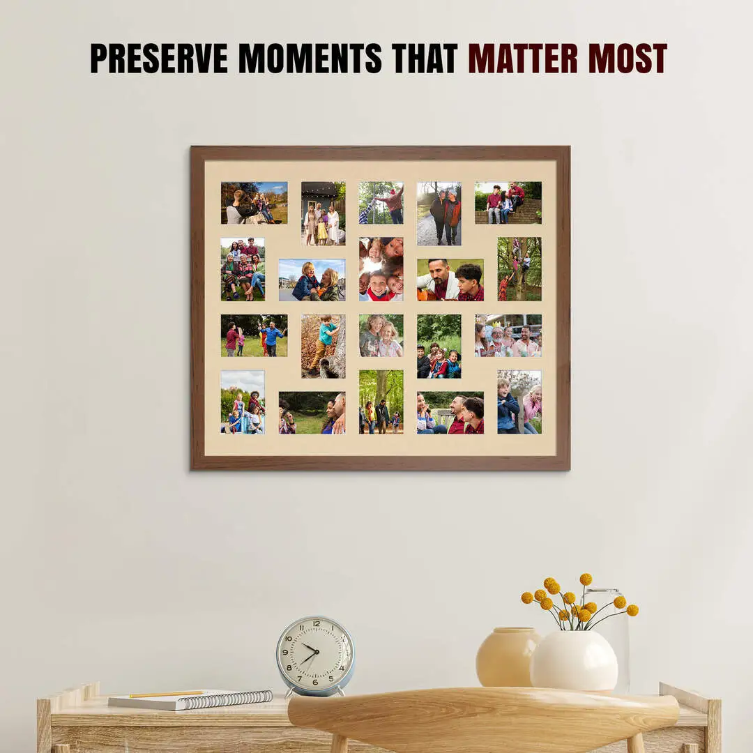 80x70cm Walnut Modern Multi Aperture Photo Frame Holds 6x4" (x18) & 4x4" (x2) Photos With Ivory Mount | Modern Collage Frame thumbnail 2