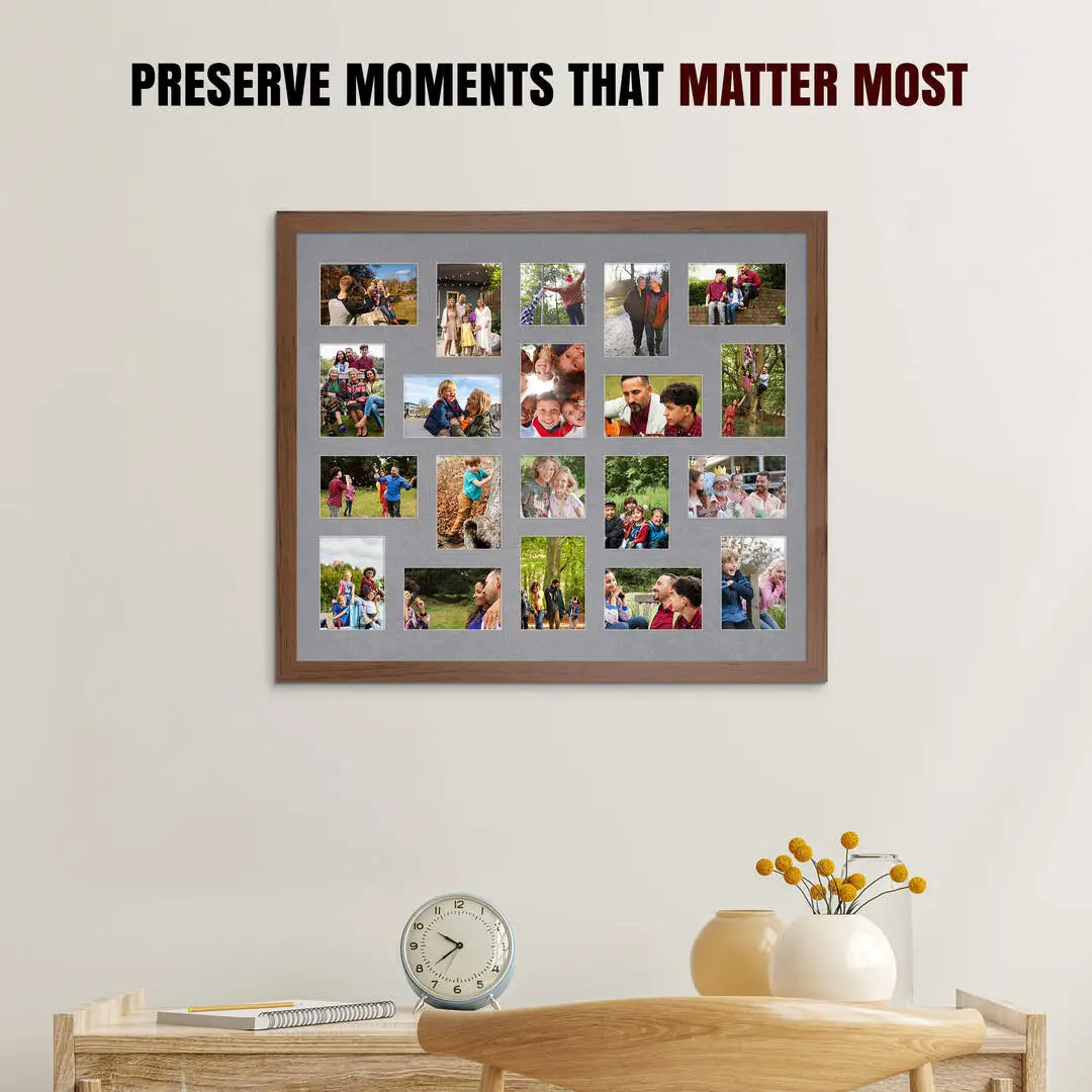 80x70cm Modern Walnut Multi Aperture Photo Frame - Fits 6x4" (x18) & 4x4" (x2) Photos | Collage Frame thumbnail 2