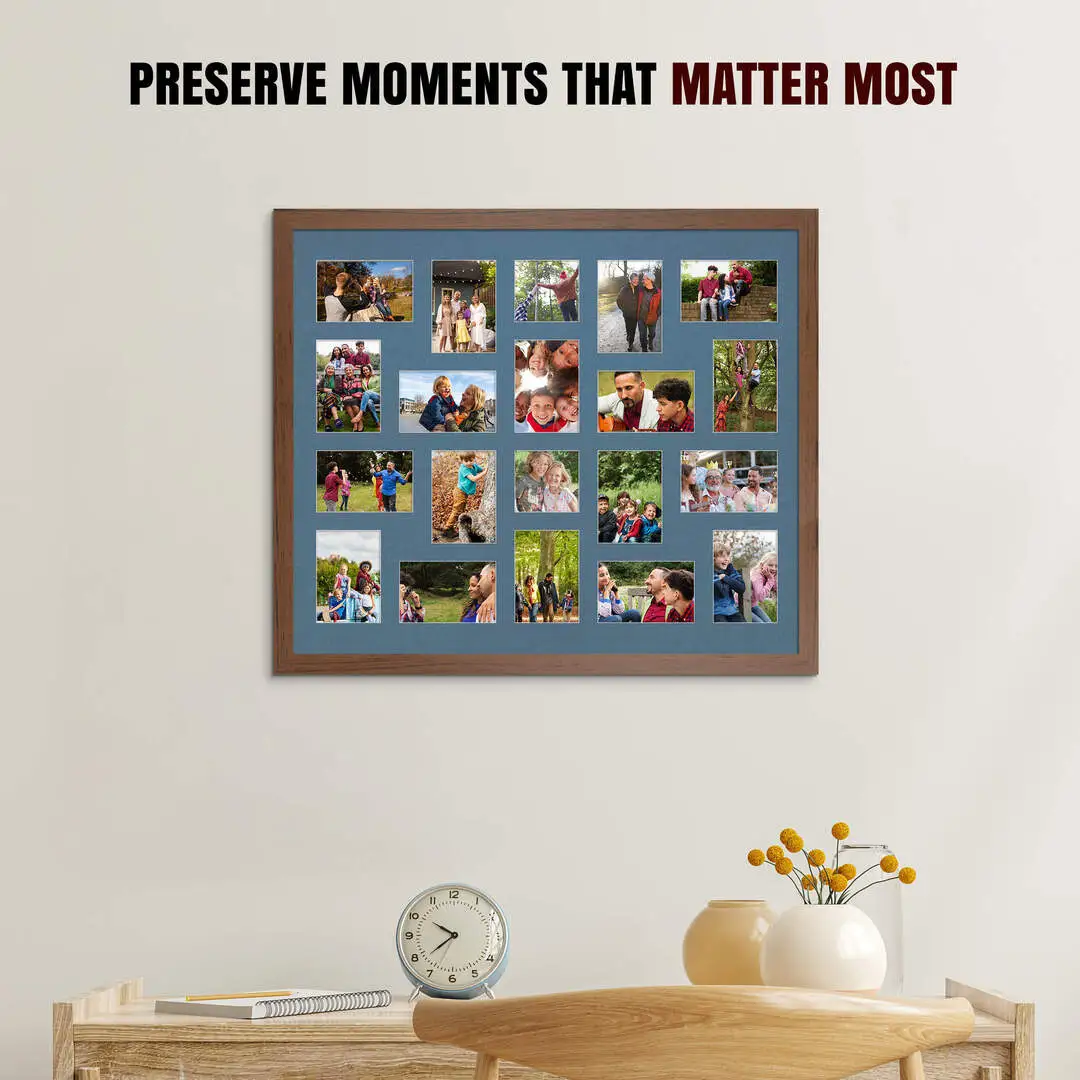 80x70cm Walnut Modern Multi Aperture Photo Frame - Fits 6x4" (x18) & 4x4" (x2) Photos | Collage Frame thumbnail 2