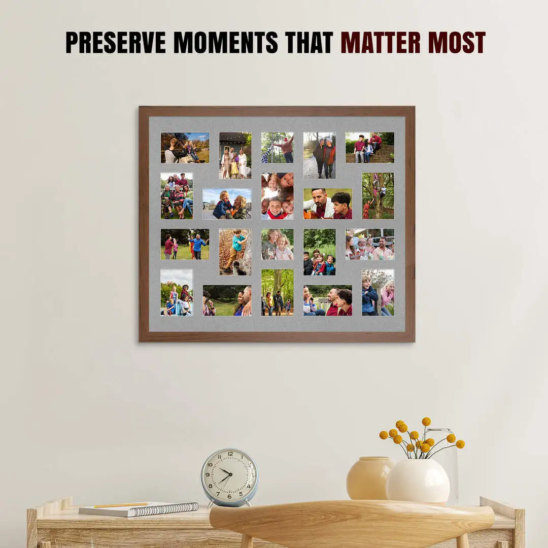 80x70cm Walnut Modern Multi Aperture Photo Frame Holds 6x4" (x18) & 4x4" (x2) Photos With Silver Mount | Modern Collage Frame thumbnail 2
