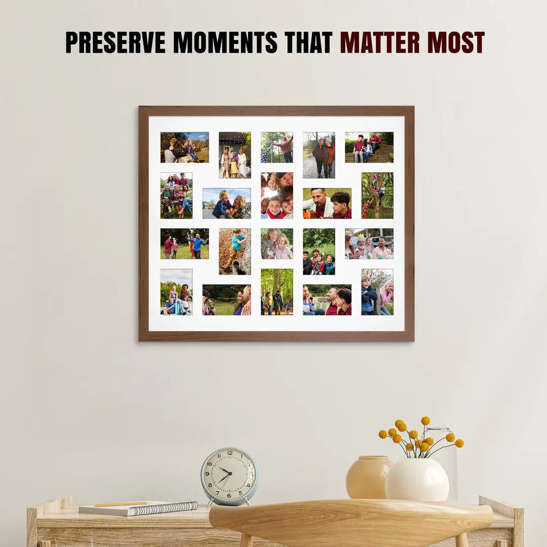 80x70cm Walnut Modern Multi Aperture Photo Frame Holds 6x4" (x18) & 4x4" (x2) Photos With Ice White Mount | Modern Collage Frame thumbnail 2