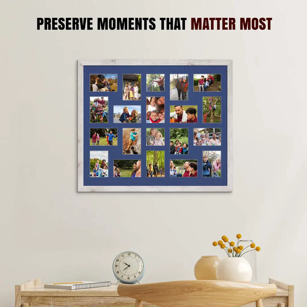 80x70cm White Rustic Modern Multi Aperture Photo Frame Holds 6x4" (x18) & 4x4" (x2) Photos With Blue Mount | Modern Collage Frame thumbnail 2