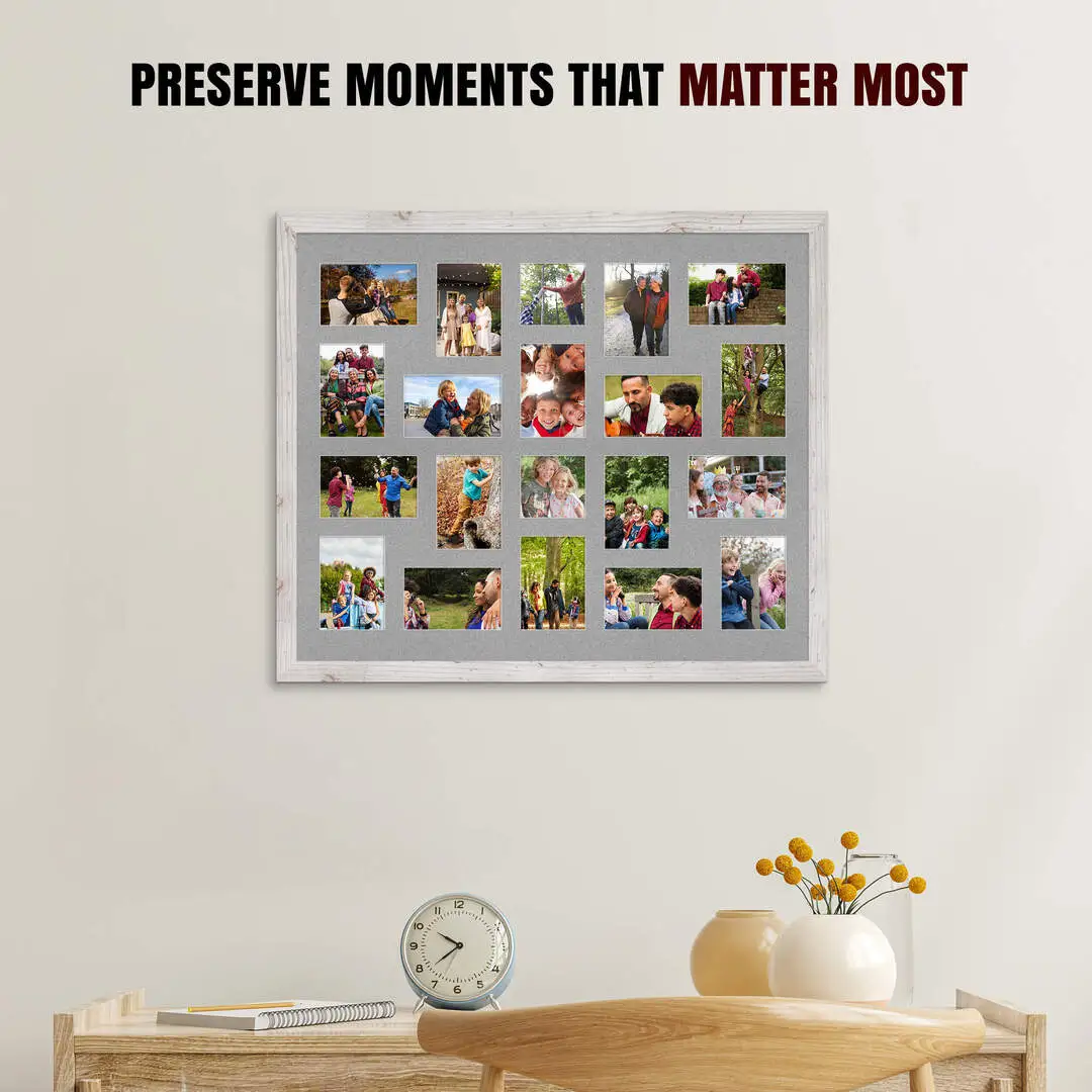 80x70cm White Rustic Modern Multi Aperture Photo Frame Holds 6x4" (x18) & 4x4" (x2) Photos With Silver Mount | Modern Collage Frame thumbnail 2