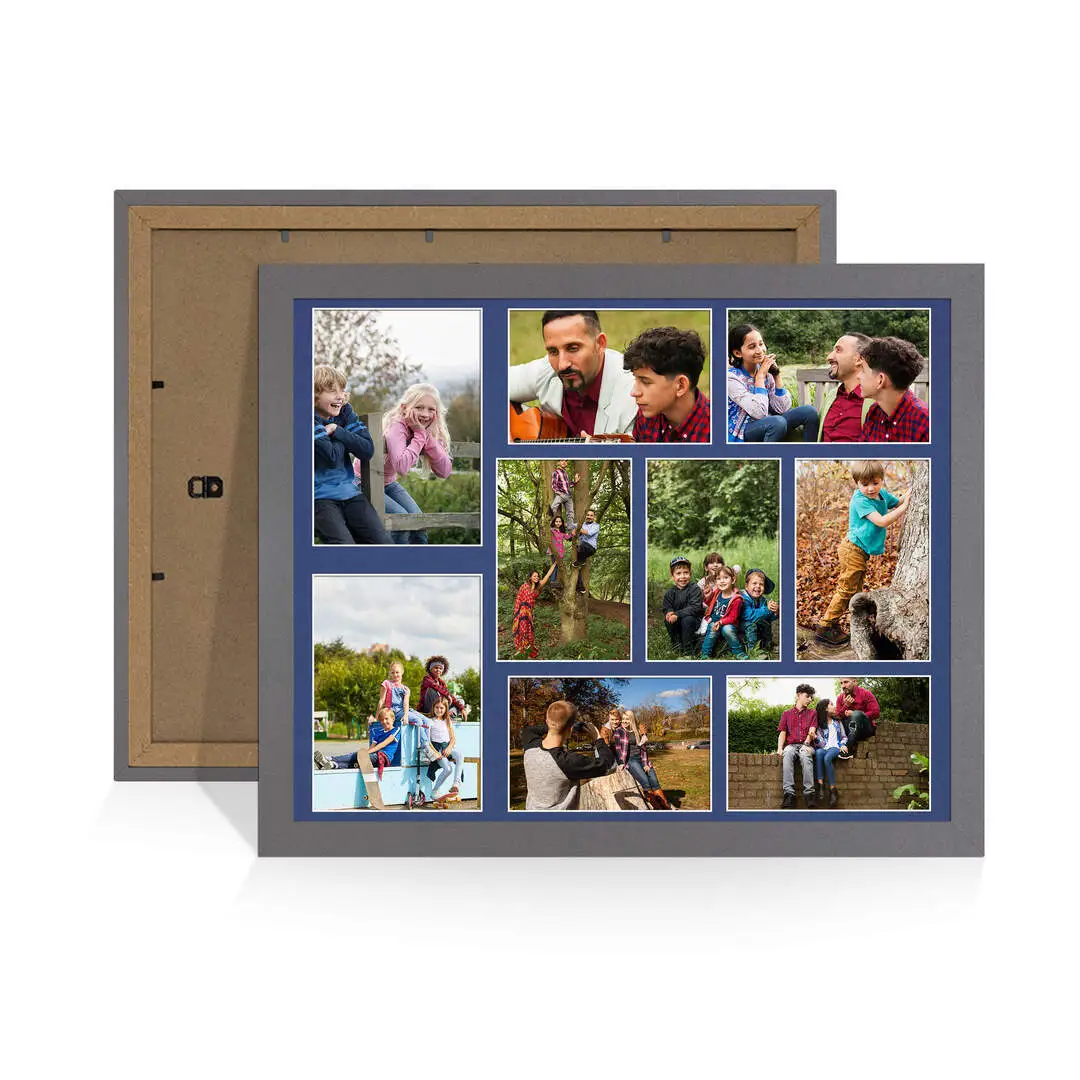 20x16" Dark Grey Modern Multi Aperture Photo Frame Holds 7x5" (x2) & 6x4" (x7) Photos With Blue Mount | Modern Collage Frame