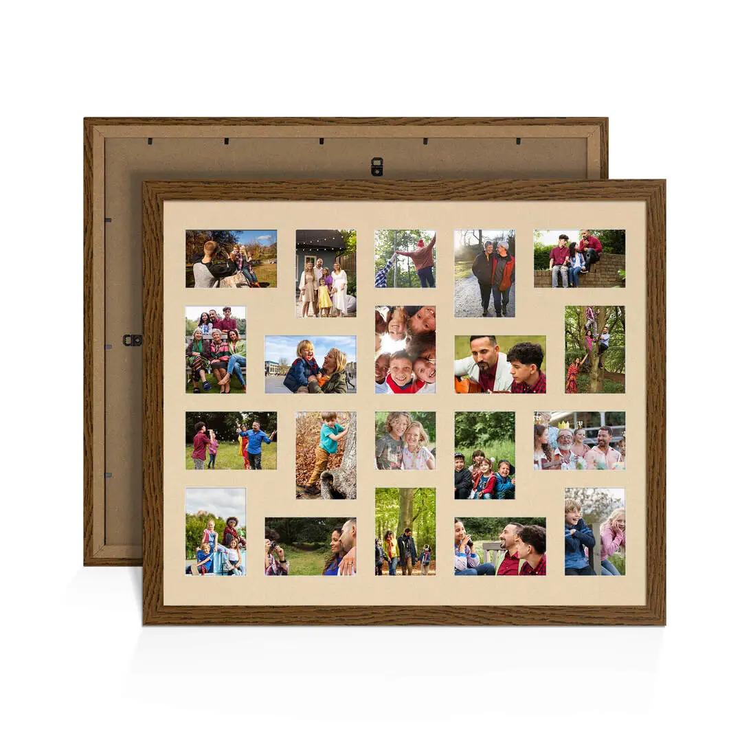 80x70cm Dark Oak Modern Multi Aperture Photo Frame Holds 6x4" (x18) & 4x4" (x2) Photos With Ivory Mount | Modern Collage Frame