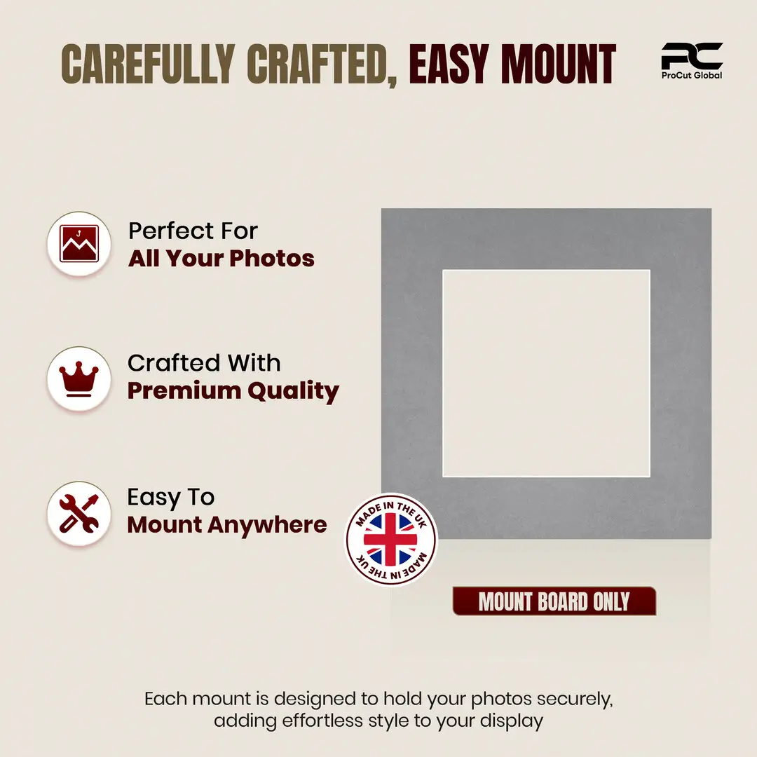 Mid Grey 8x8" Picture Mount With 5x5" Aperture | Acid-Free Mat Board For Picture Frames thumbnail 8
