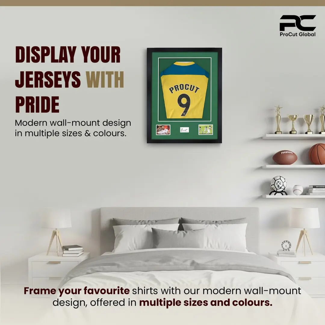 77.5x58.5cm Mat Black Football Shirt Frame With Emerald (Green) Mount And Perspex Front For Sports Jerseys thumbnail 6