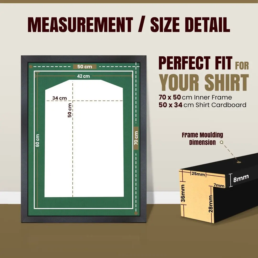 70x50cm Mat Black Football Shirt Frame With Emerald (Green) Mount And Perspex Front For Sports Jerseys thumbnail 3