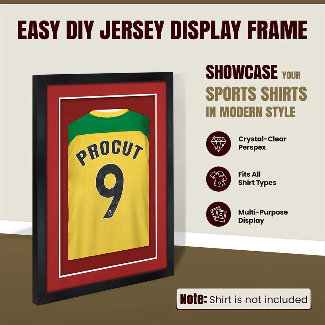 70x50cm Mat Black Football Shirt Frame With Crimson Mount And Perspex Front - Fits Football, Rugby, And Other Sports Jerseys thumbnail 8